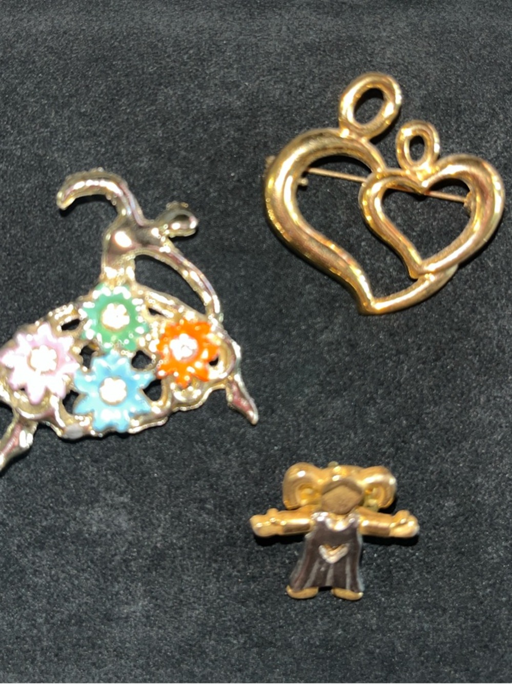 Gold Double Heart Pendant and Floral Ballerina Pins - Gold & Multicolor